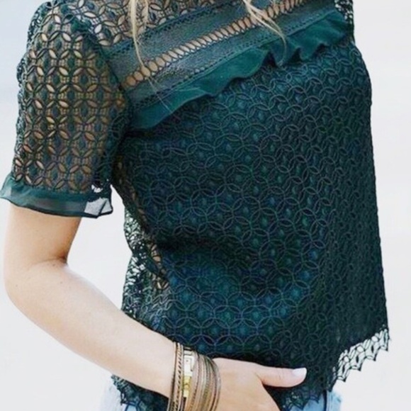 Zara Dark Green Guipure Crochet Lace Frill Detail Top Blouse Medium - Picture 6 of 6